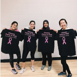 Friendship program participant, Ahoud Algargoush, pictured with International House student worker Elizabeth Gibbs and friends at Tennessee’s Zumbathon event. 