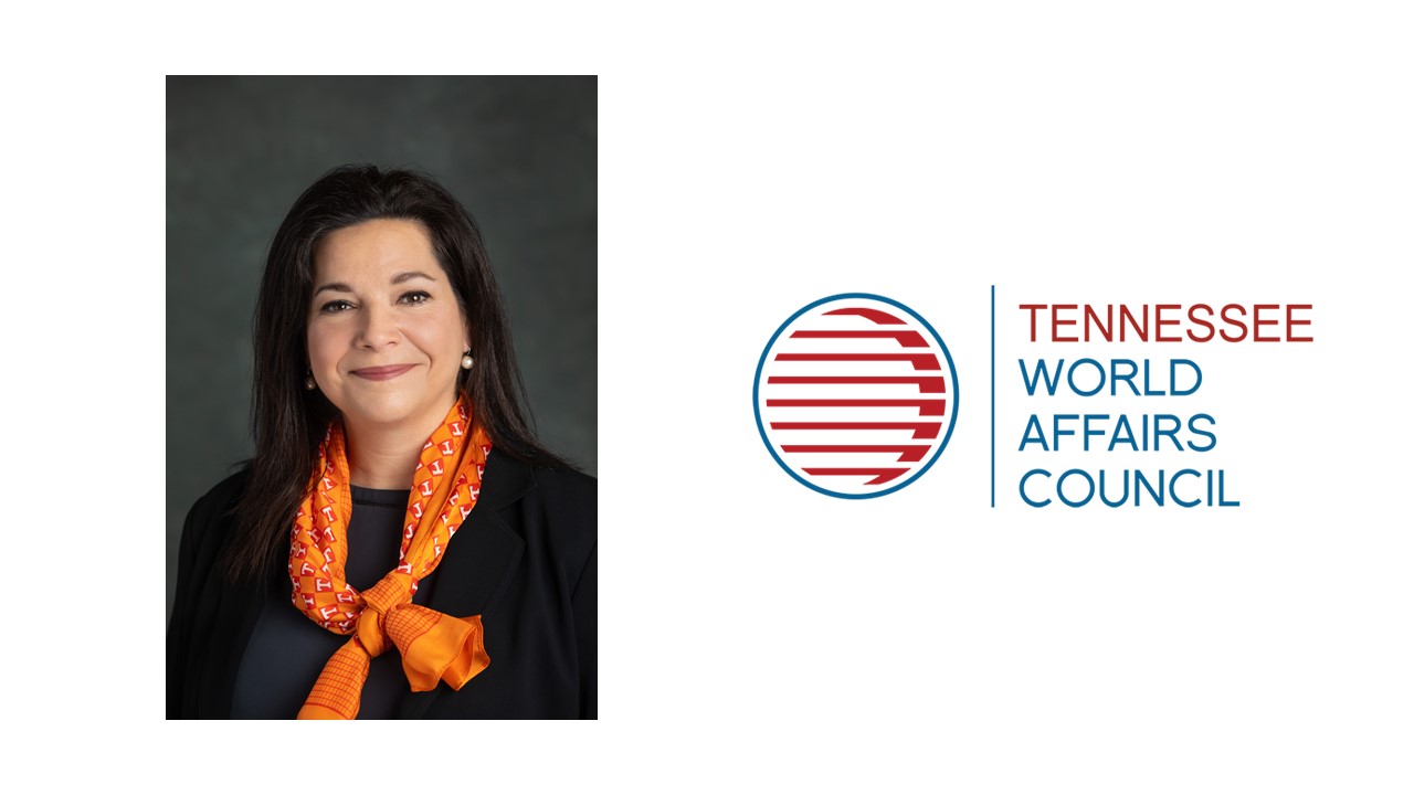Gretchen Neisler and logo of the TN World Affairs Council