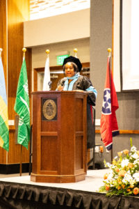 Vice Provost for Student Success Amber Williams addresses the crowd at the International Student Graduation Ceremony