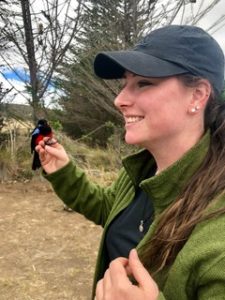 Nicole during previous fieldwork in the Andes Mountains of Ecuador holding a Mountain Tanager (under proper permits and techniques) 