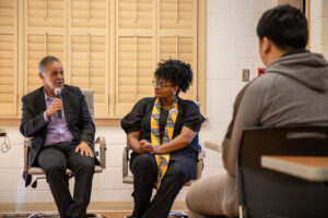 Mohammed Bhabha (left) and Shayla Nunnally (right) during the panel discussion with the Department of African Studies